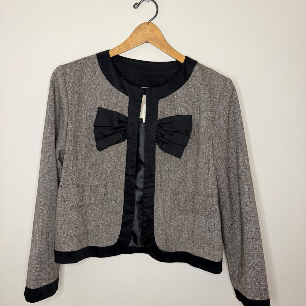 Anthropologie Gray Tweed Bow Front Blazer with Black Trim - Picture 7 of 7
